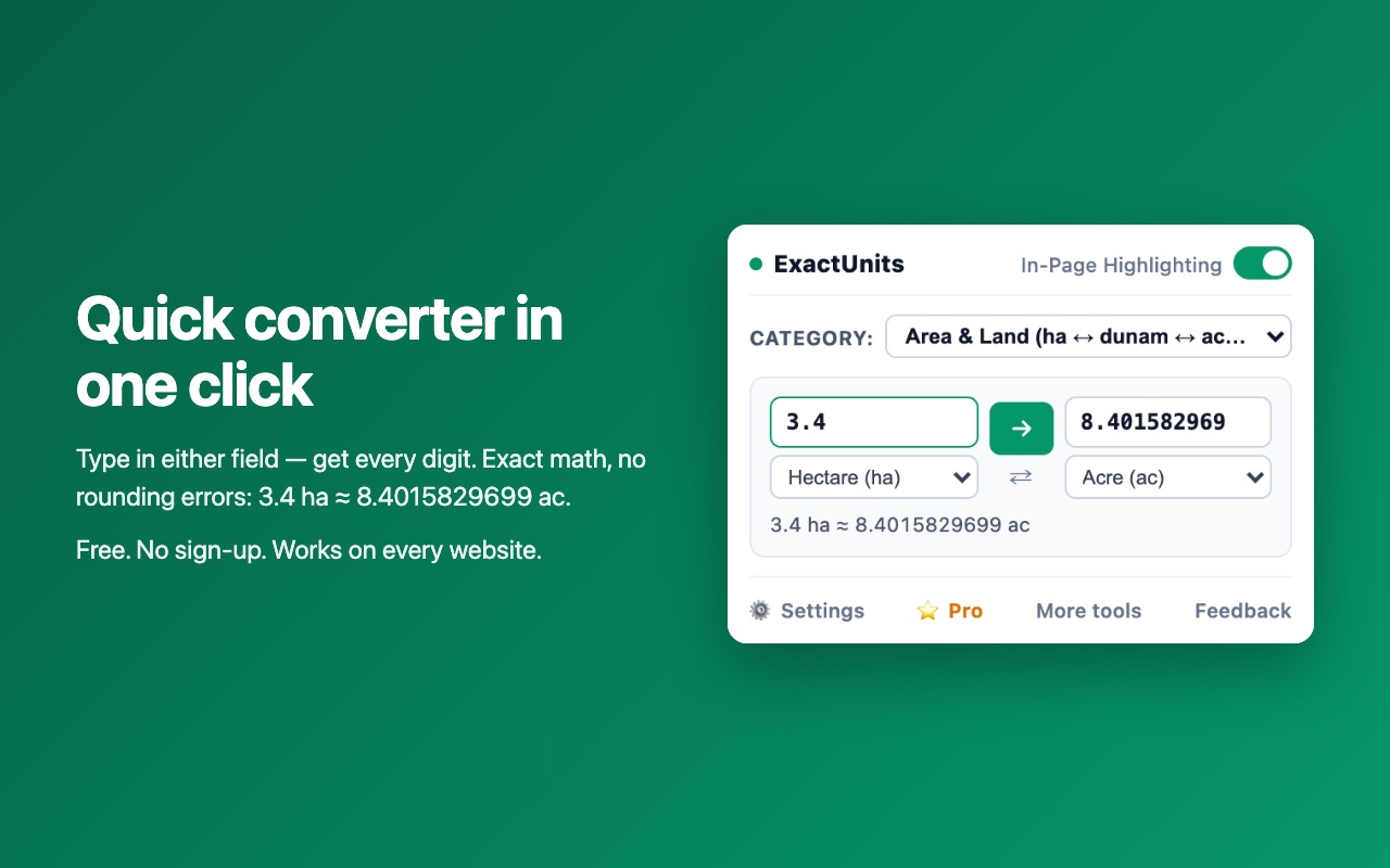 Quick converter popup: feet and inches to meters